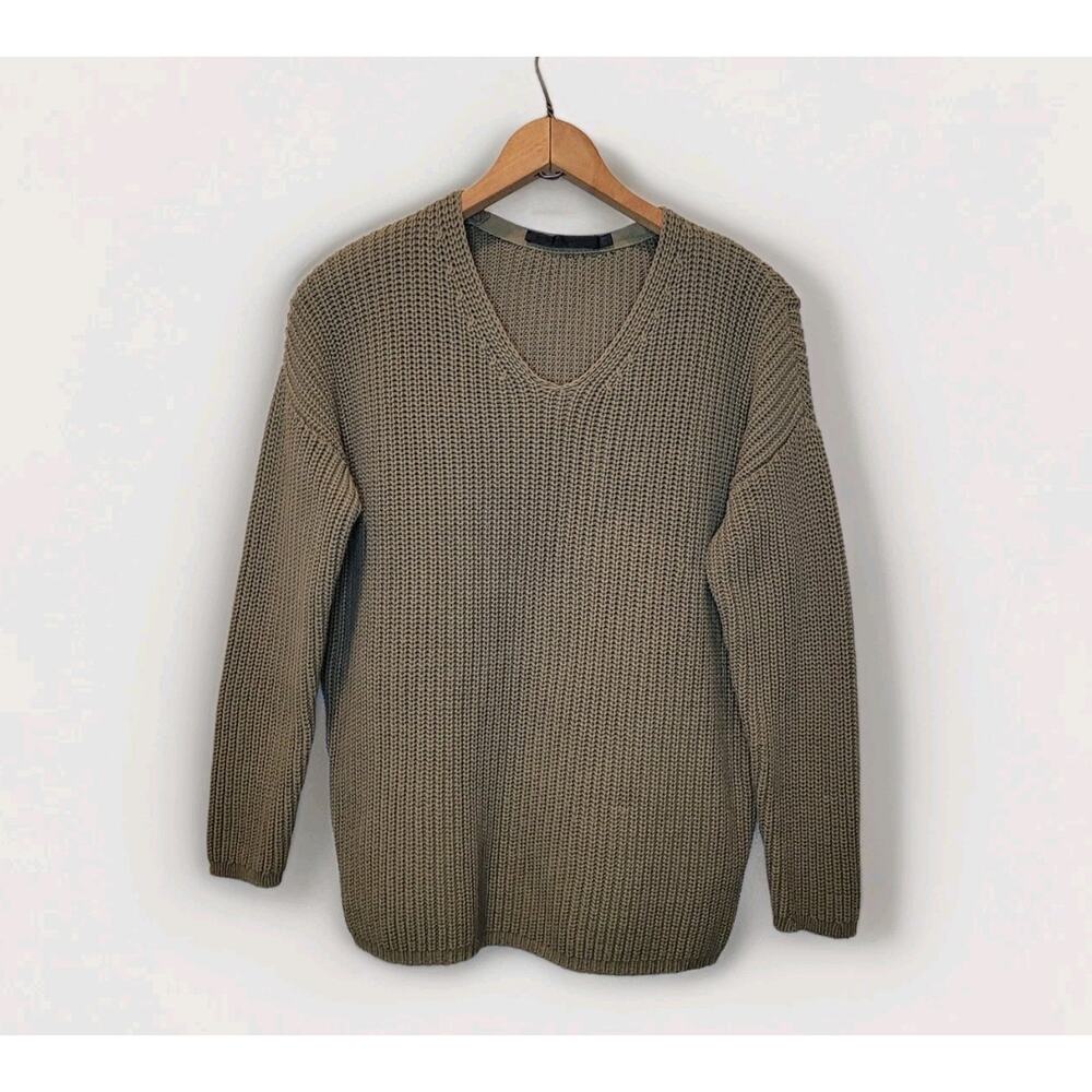 Jenni Kayne Green Cotton V Neck Ribbed Cabin Sweater Size XXS Fisherman
